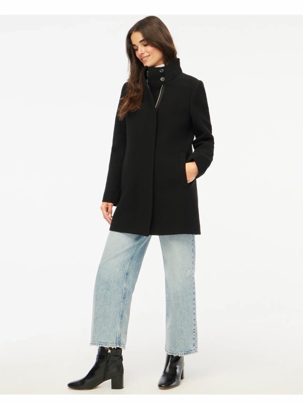 J.Crew Button Neck City Coat Black Wool Blend Gold Zip Petite 0P BU264 Classic